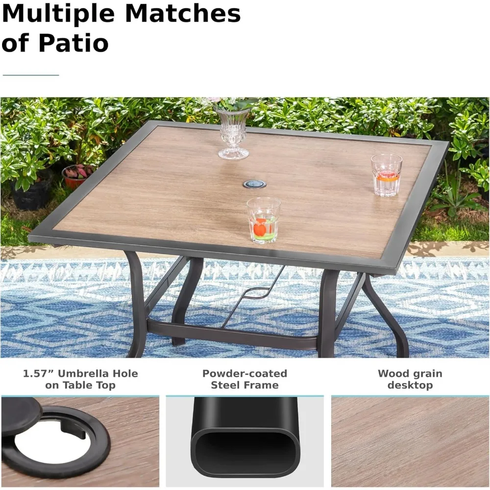 Metal Patio Dining Table Set for 5,4 Metal Dining Chairs and 1 37" Larger Square Table Furniture Set, Steel Frame