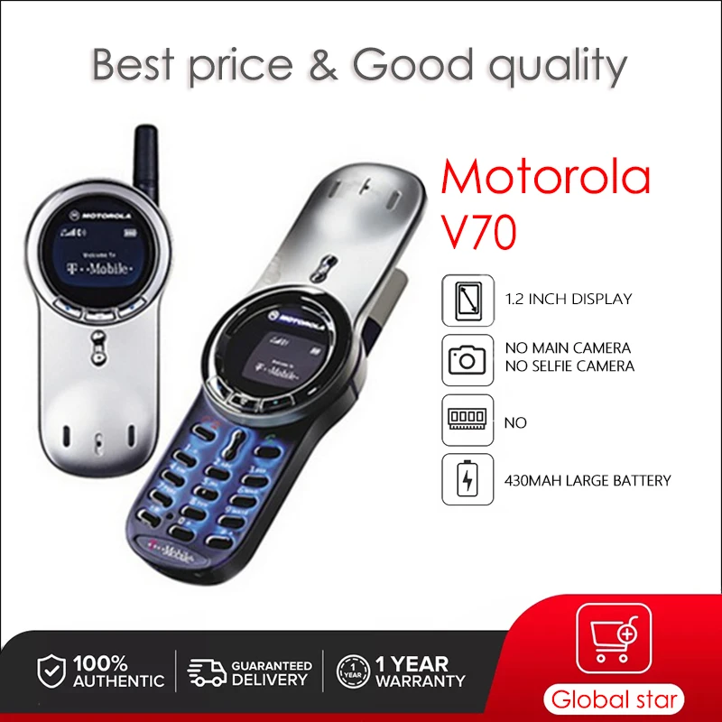 Teléfono móvil Original Motorola V70 desbloqueado y reacondicionado GSM 900/1800 de buena calidad con 1 año de garantía solo compatible con inglés