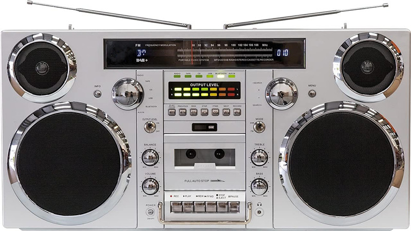 Brooklyn Wireless Bluetooth Speaker - Silver 1980S-Style Portable Boombox - CD Player, Cassette Player, FM Radio, USB