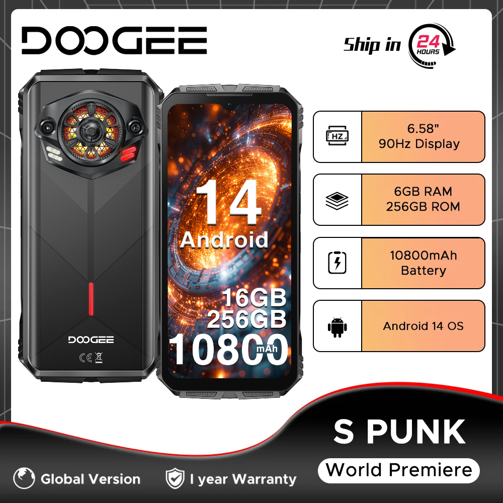 Estreia mundial doogee s punk telefone robusto android 14 6.58 "90hz display 6gb 256gb efeito de luz led 34mm alto-falante de grande amplitude