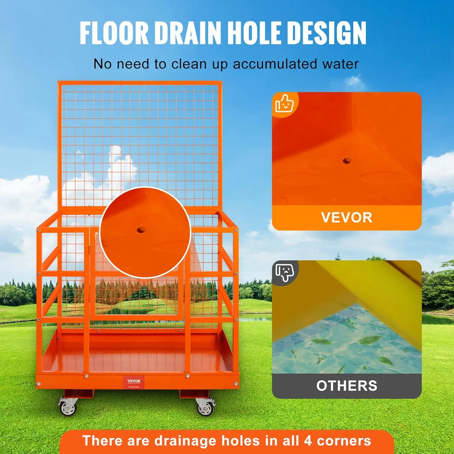 Forklift Safety Cage 43"x45" Forklift Man Basket, 1400lbs Capacity Forklift Work Platform with Safety Harness & Lock Drain Hole