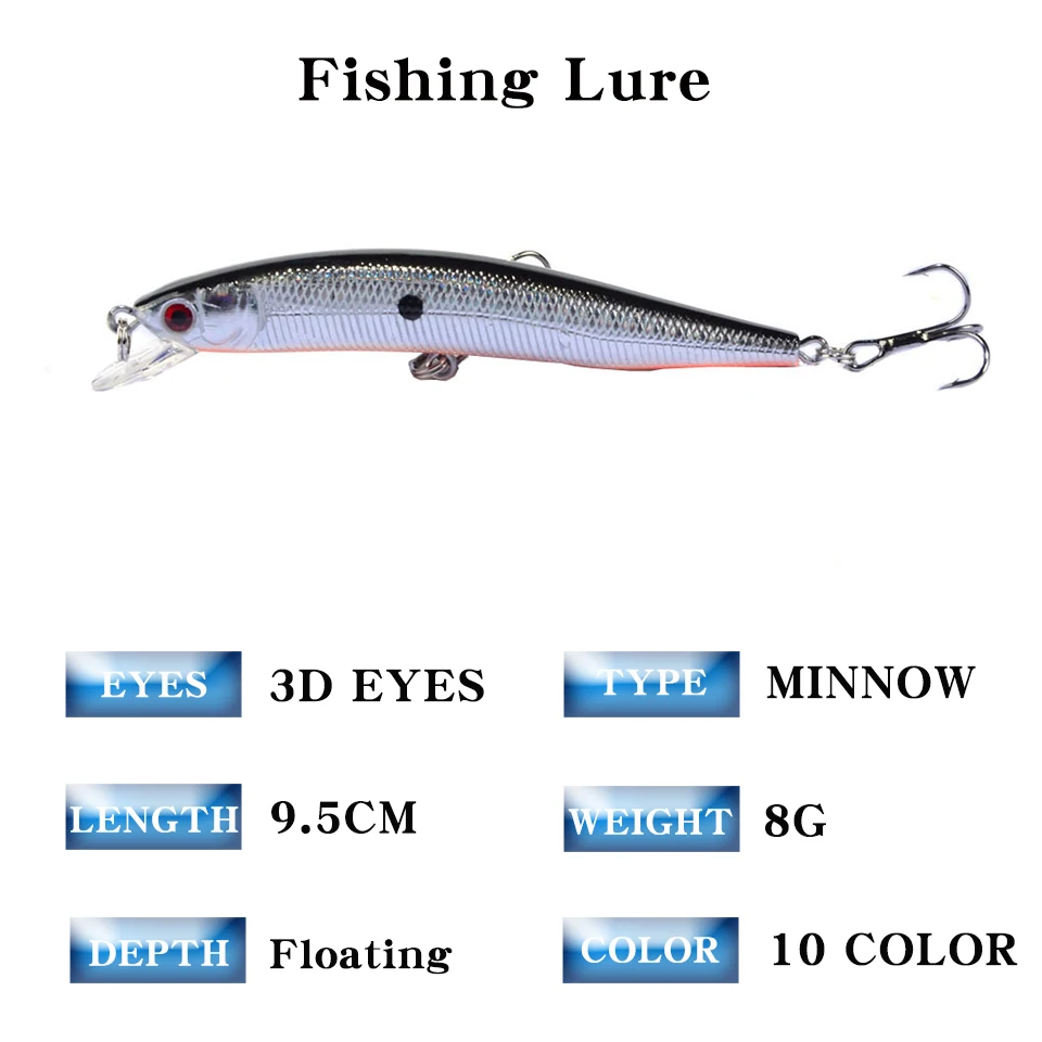 1 Uds señuelo de Pesca Minnow 95mm 8g cebo duro flotante Wobbler Jig cebo Crankbait carpa lubina rayada Pesca aparejos de Pesca SwimBait