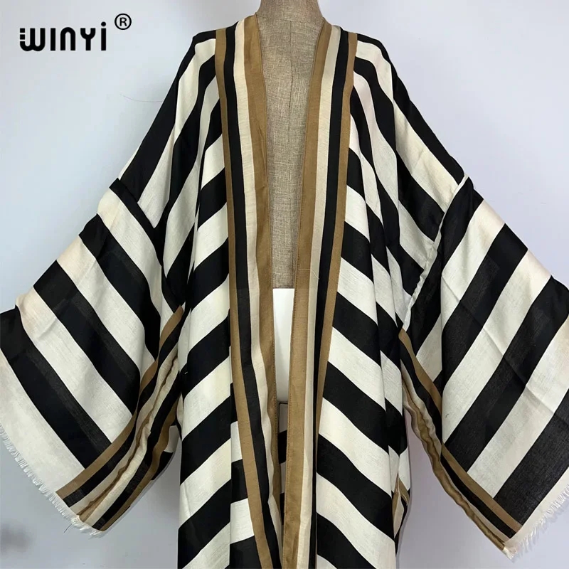 Winyi quimono áfrica verão boho listra impressão praia roupa de banho elegante cardigan sexy férias maxi beach wear maiô vestido de noite