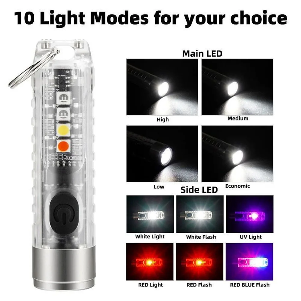 Rechargeable Mini Flashlight 10 Mode Portable Keychain Light Magnetic Torch USB Rechargeable Uv Lamp Emergency Camping Lantern