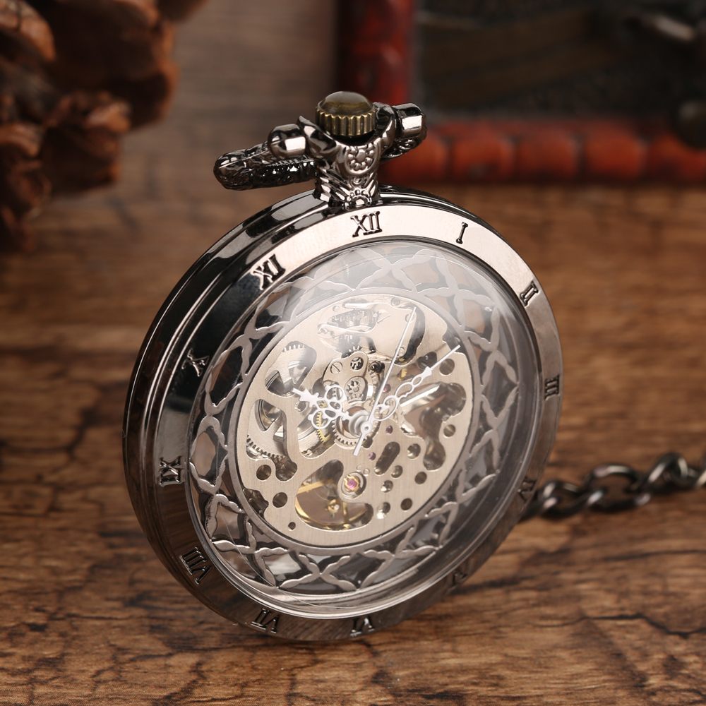 Steampunk-Stil Glas transparente Handwind mechanische Taschenuhr mit Kette hohlen Design Männer Uhren Uhr Geschenke