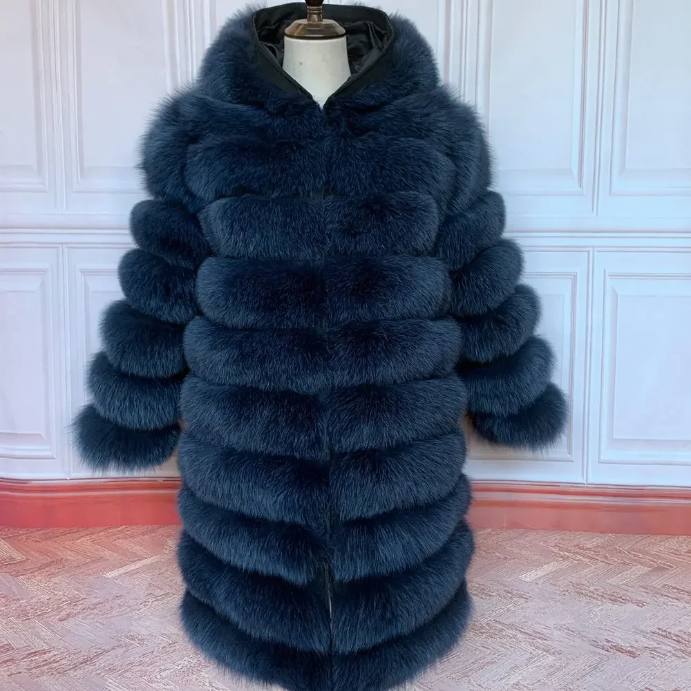 QUEENTINA Kapuze Pelzmantel Frauen Echt Fox Lange Neue Luxus Weibliche Natürliche Leder Jacke Warme Dicke Lange Winter Pelz Weste Weste