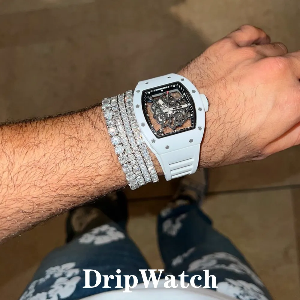 2025 último reloj de pulsera de cuarzo esqueleto tipo barril de vino mismo hielo blanco fresco para hombre