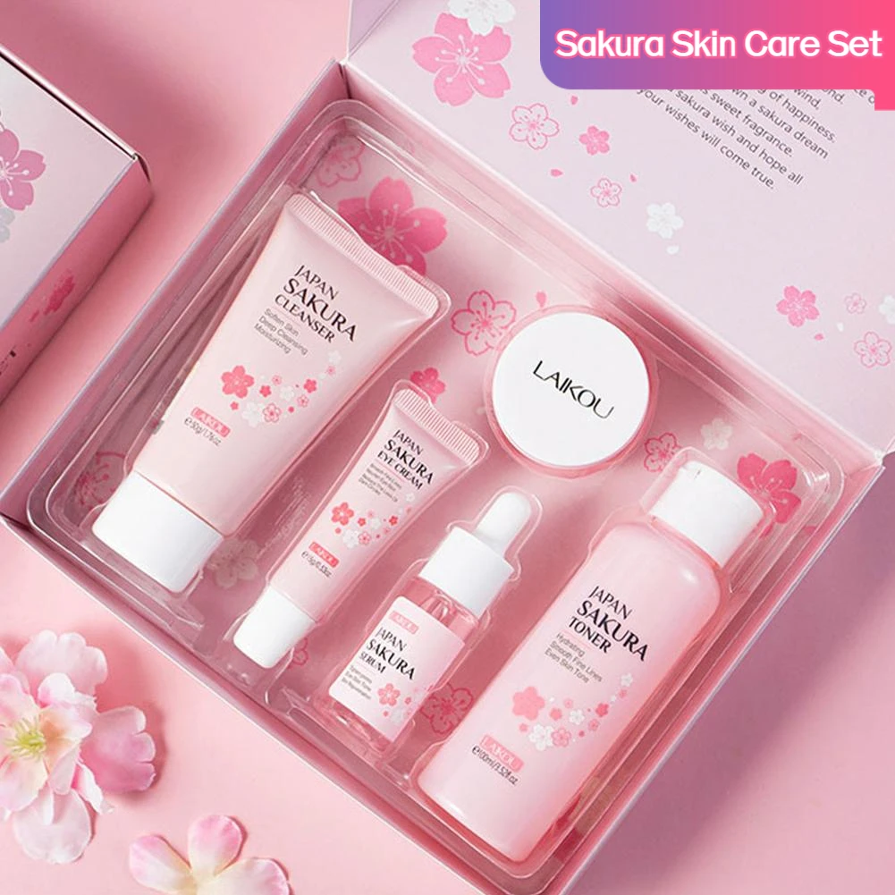 Sakura-フェイシャルスキンケアセット,フェイスクリーム,美容液,フェイシャルクリーナー,アイクリーム,ギフトボックス,フェイス製品,5個/セット