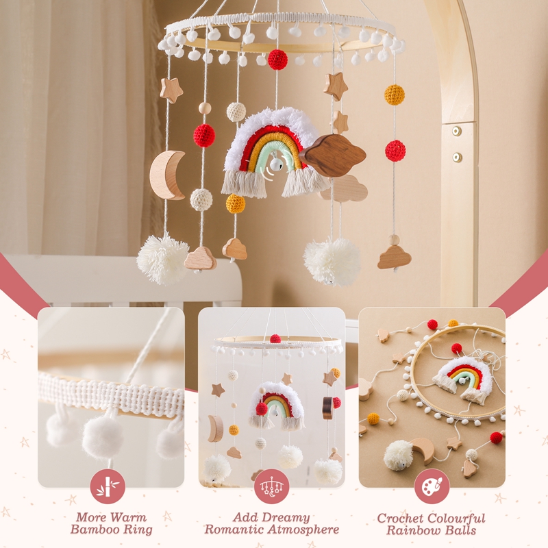 Cloche de lit mobile CPull en bois pour bébé, jouets hochet, feutre doux, nuages arc-en-ciel, clochette de lit, mobile CPull, cadeau pour bébé, 0-12 mois