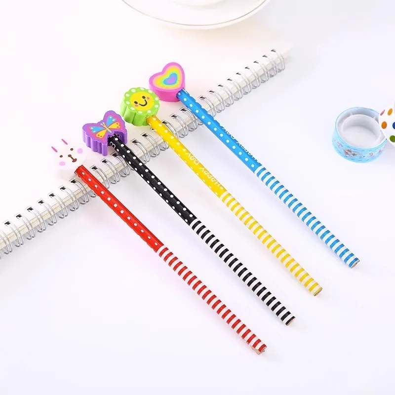 40 ชิ้นสุ่มการ์ตูนสัตว์ HB ดินสอนักเรียนปากกาไม้ที่ถอดออกได้ยางลบน่ารัก Erasable Correction ปากกา