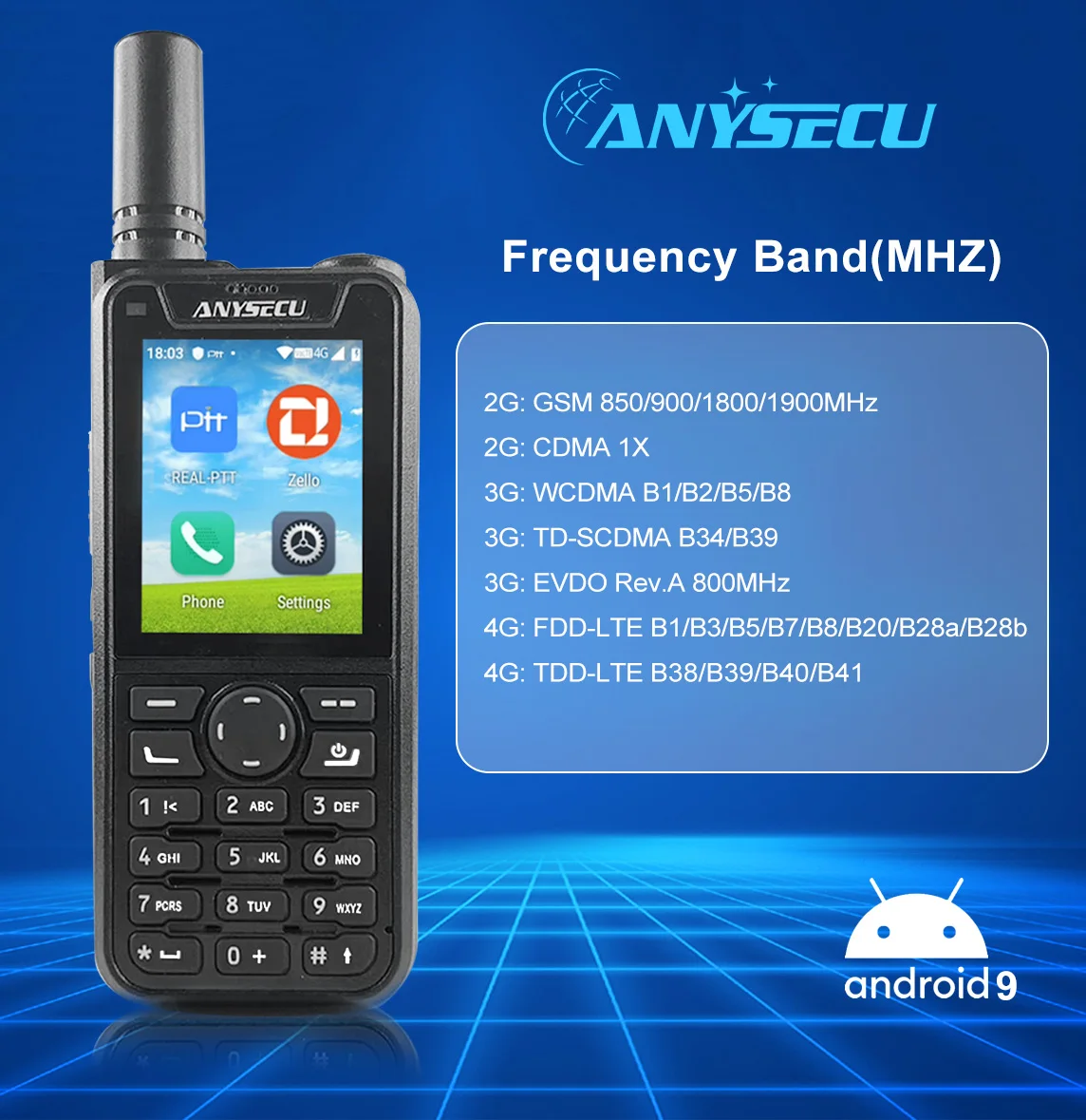 Anysecu T59 walkie talkie Network POC 4G LTE Radio Zello Android 9.0 Battery 6800mAh Wifi BT 4.2 Two Way Radio