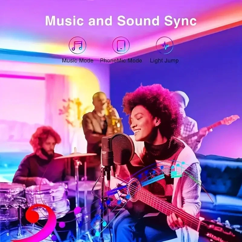 25/50/100/130ft smart LED light strip , bedroom color-changing RGB light built-in microphone can rhythm with music, su