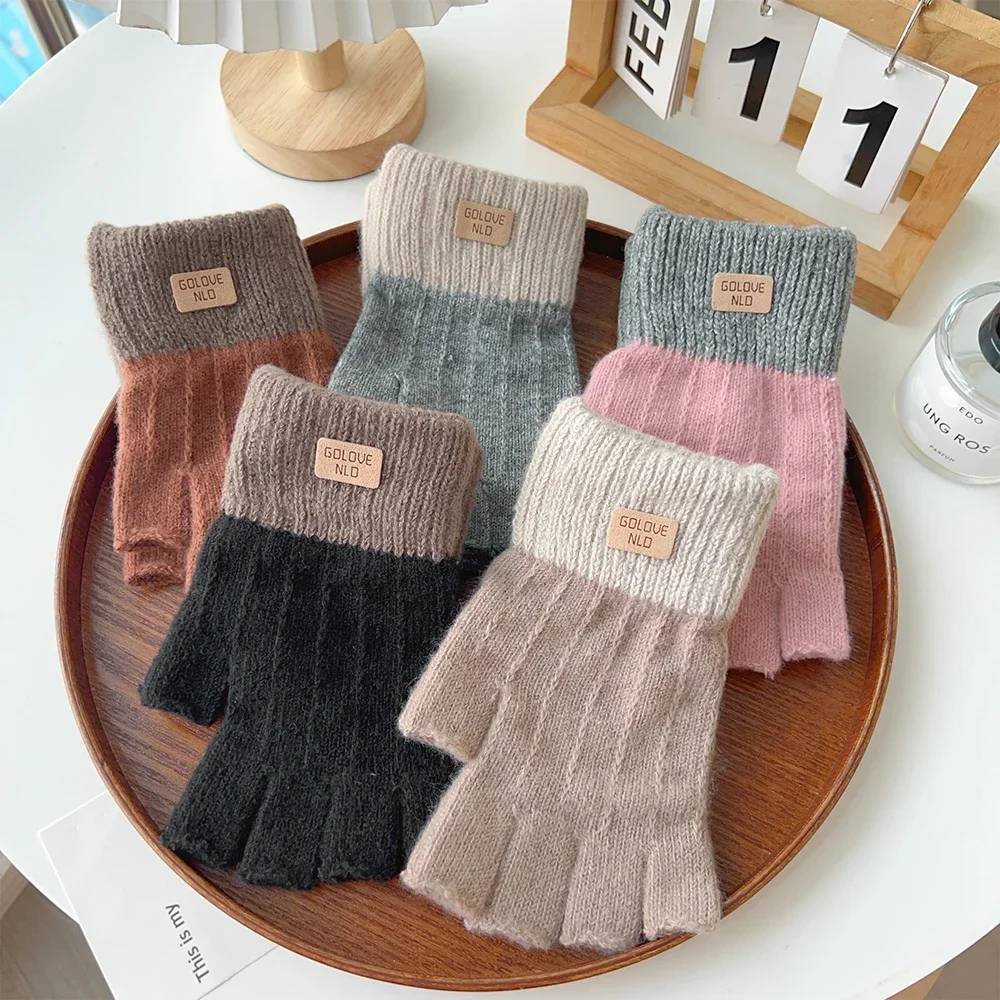 Winter Fingerless Gloves for Men Half Finger Writting Office Knitted Thick Wool Warm Label Thick Elastic Outdoor Driving Gloves