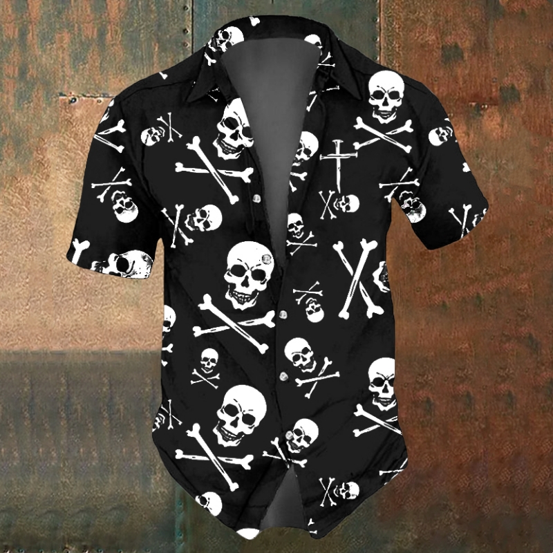 Camicie con teschio da uomo Camicia casual estiva a maniche corte per uomo Nero Bianco stampato Abbigliamento da uomo Camicie con risvolto oversize larghe Top