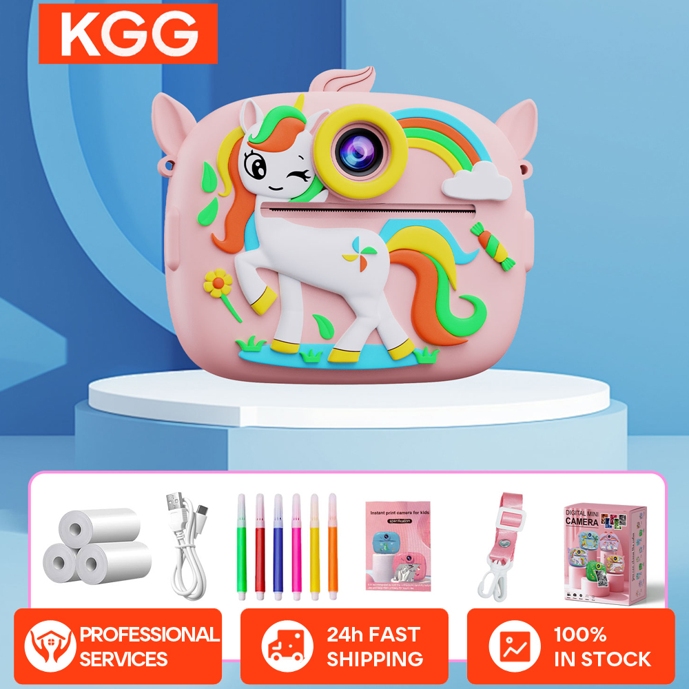 Uroczy aparat natychmiastowy z nadrukiem w kształcie małego dinozaura, karta pamięci 32 GB, podwójny aparat 1080P HD z funkcją natychmiastowego drukowania i 3 rolki papieru do drukarki.