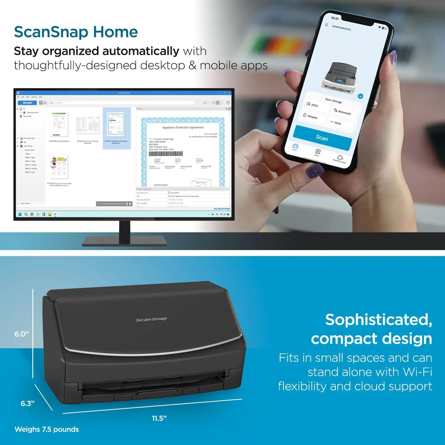 ScanSnap iX1600 Wireless or USB High-Speed Cloud Enabled Document, Photo & Receipt ScannerNEW