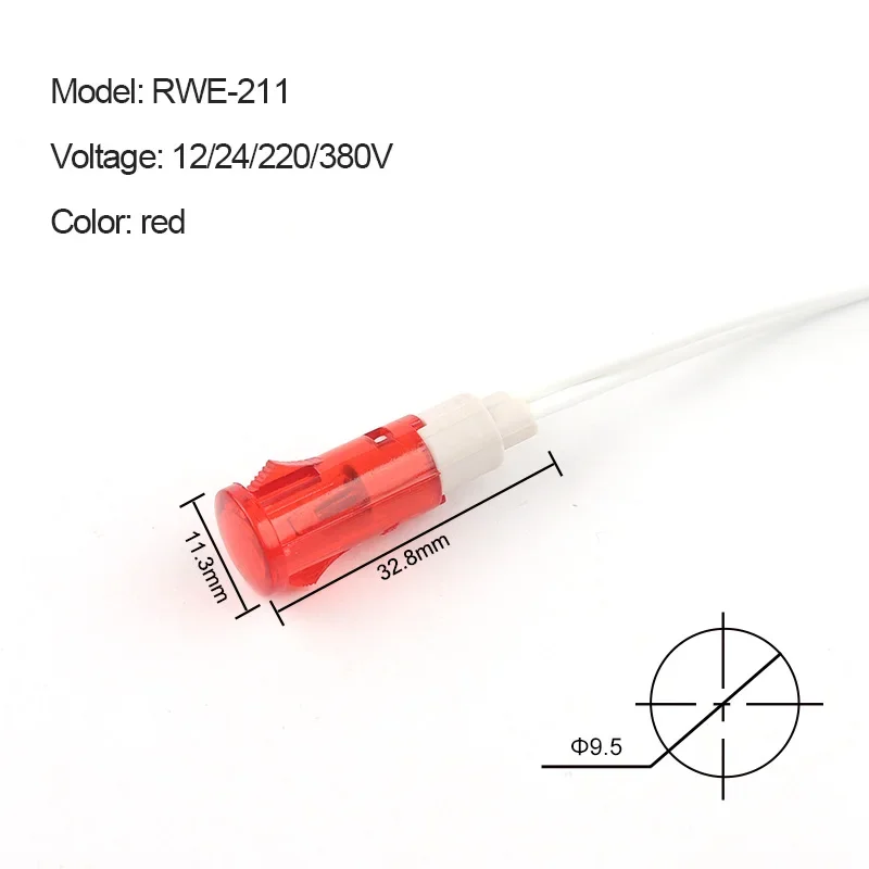 5PCS 10mm Signal Lamp Panel Mounting Neon Indicator Guiding Signal Lamp Red Green Yellow 380 220V 12V/24VDC MDX-11A With Wire