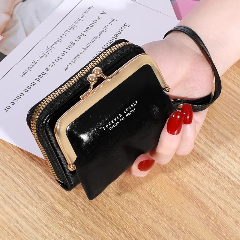 New Wallet Women's Wrist Strap Short Wax Oil Leather Zero Wallet Large Capacity Wallet Bag Letter Multi Card Card Bag Wallet