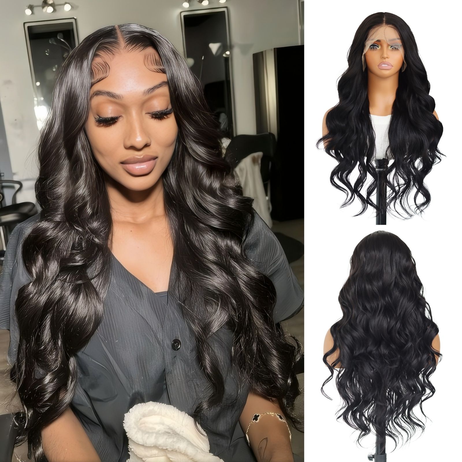 Onda do corpo 13*4 perucas sintéticas dianteiras do laço, peruca longa da parte dianteira do laço sem cola com linha fina natural pré arrancada e cabelo do bebê