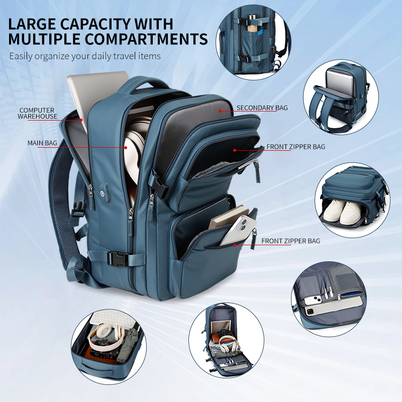 Großer Reiserucksack für Damen und Herren, Kabinentasche, multifunktionaler wasserdichter Flugzeugrucksack mit USB-Aufladung, Diebstahlsicherer Rucksack