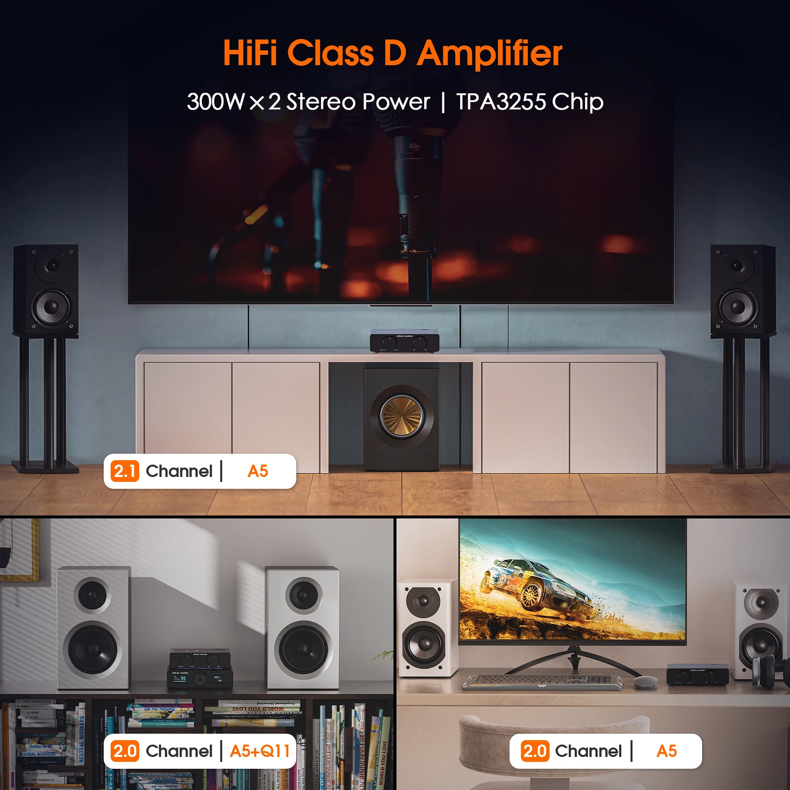 Douk Audio A5 TPA3255 Amplificador Estéreo HiFi Áudio Classe D Amplificador Filtro de Passagem Alta Amplificador de Mesa de Energia Doméstica 300W com Fonte de Alimentação 32V/5A