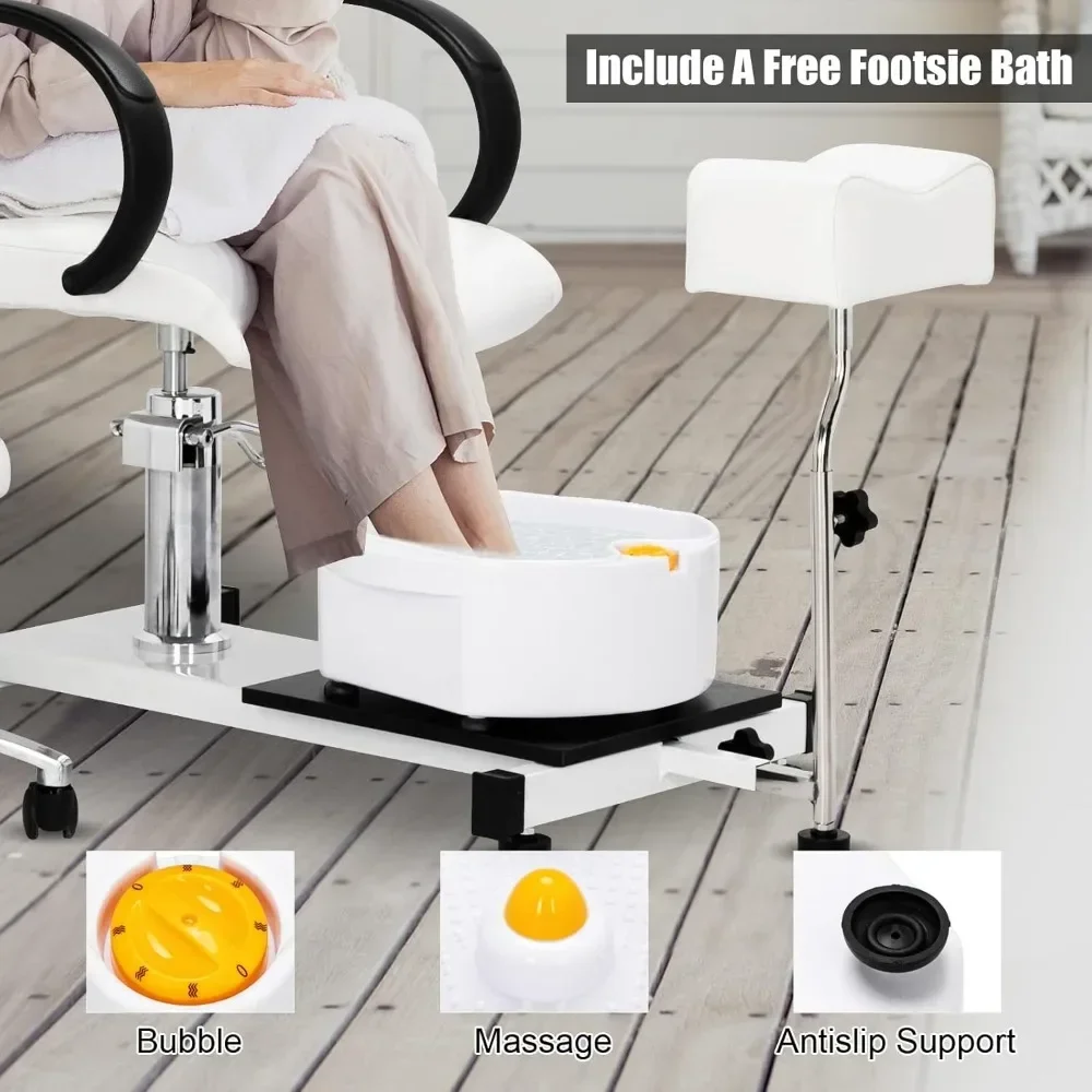 Hydraulic Pedi Chair for Nail Tech  Pedicure Chair White with Stool & Bubble Massage Foot Bath, Beauty Spa