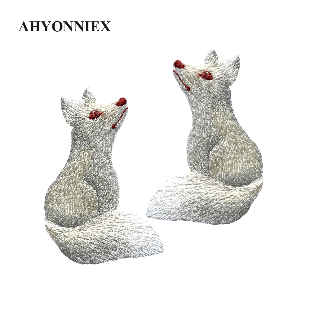 1 Пара Милых Тканевых Наклеек С Утюгом, Красные, Белые, Самоклеящиеся С Вышивкой Лисы