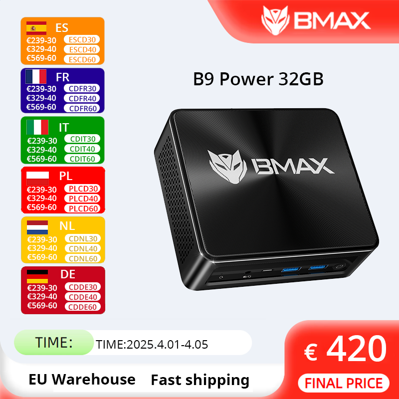 BMAX B9 Power Mini PC Intel Core i9-12900H Turbo Frequency 5.0GHz 32GB DDR4 RAM 1TB NVMe SSD WiFi 6 Bluetooth 5.2