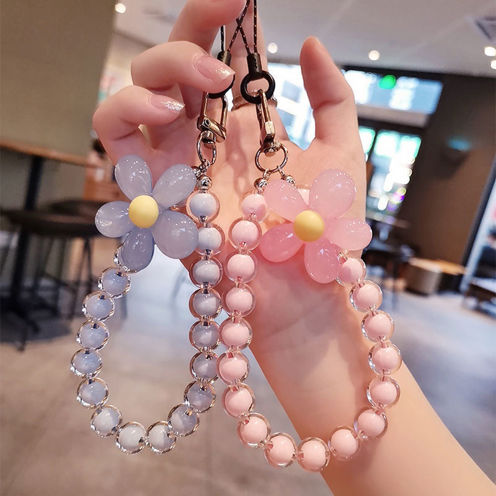 Colored bead petal Lanyard for IPhone Anti-Lost Bracelet for Samsung Mobile Phone Case Wrist Strap Car Keychain Cute Phone Charm