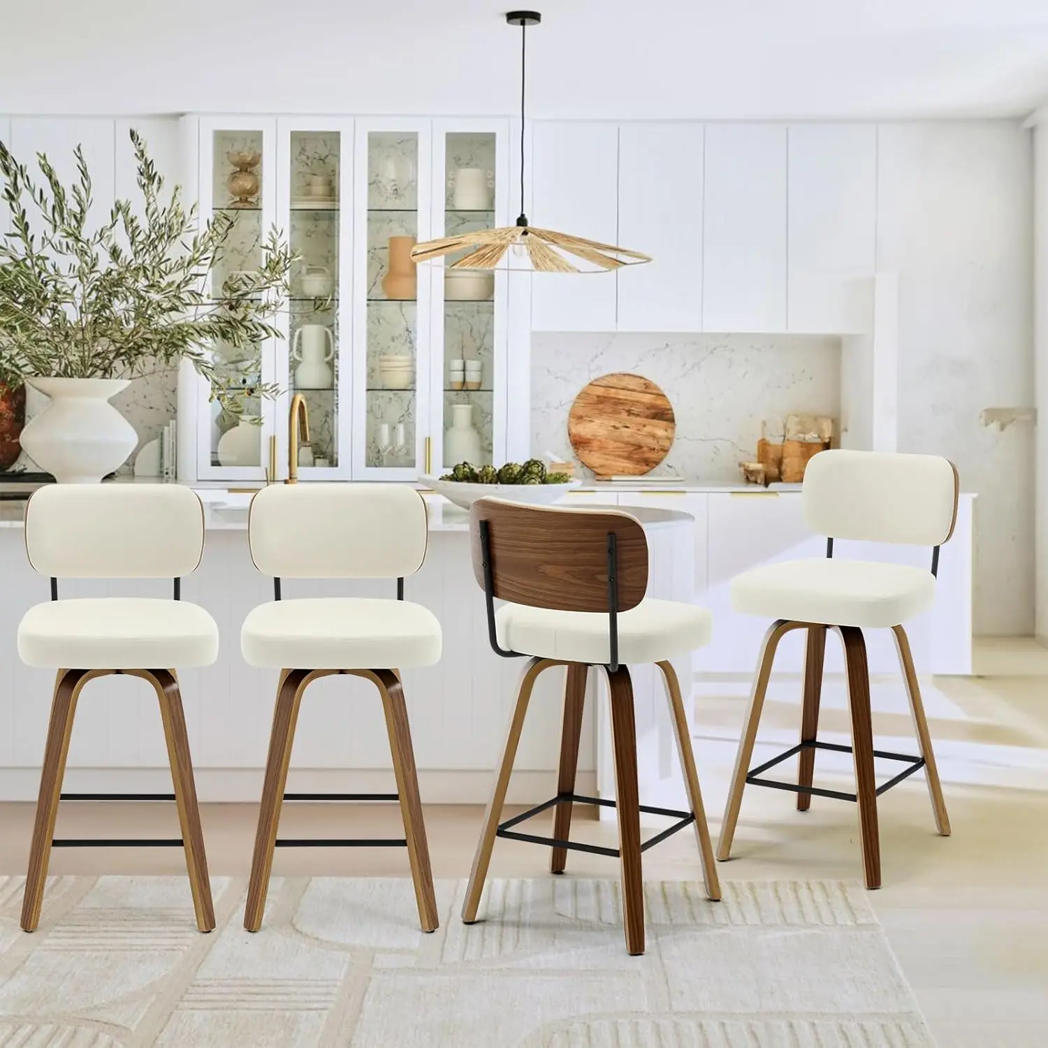 Swivel Counter Height Bar Stools Set of 4, 26" Upholstered Faux Leather Barstools,Mid Century Modern Chair Island ,Cream White