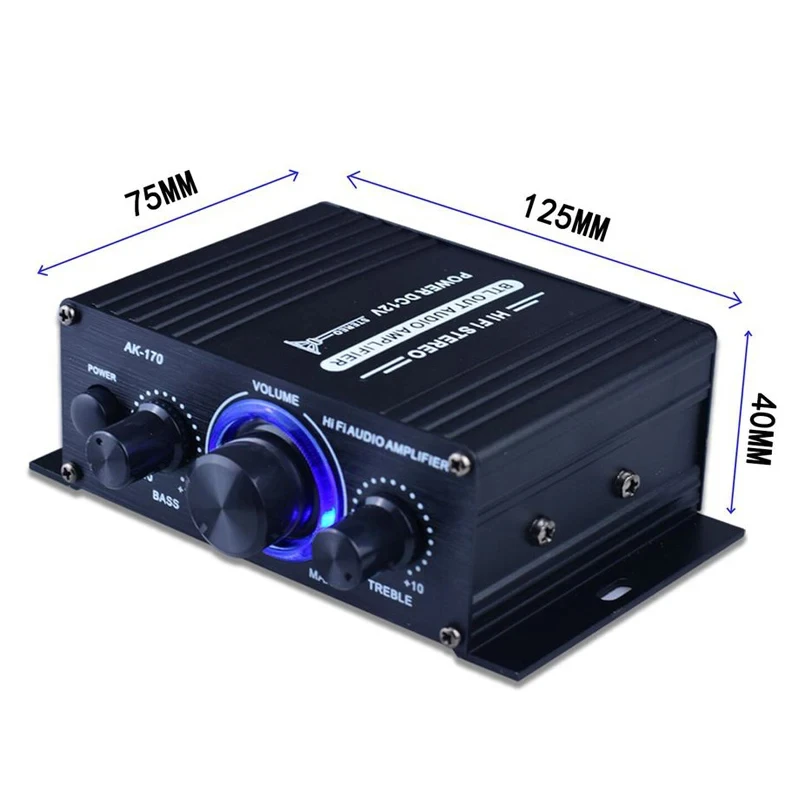 AK170 미니 디지털 파워 오디오 카 앰프, 블루 라이트 스테레오 오디오 앰프, 홈 시어터 클럽 파티 뮤직 맥스 200W x 2 앰프