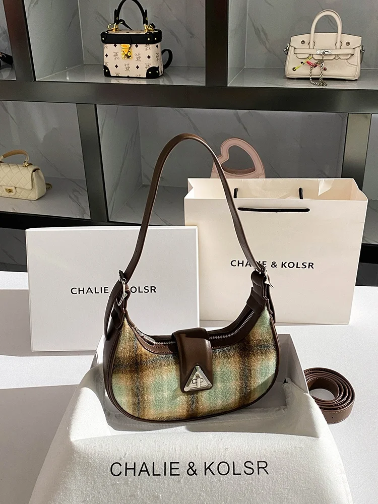 Chalie&Kolsr ヴィンテージチェック柄ウール三日月バッグ春 2025 新スタイルハイエンドカラーブロック脇の下バッグ女性のファッション