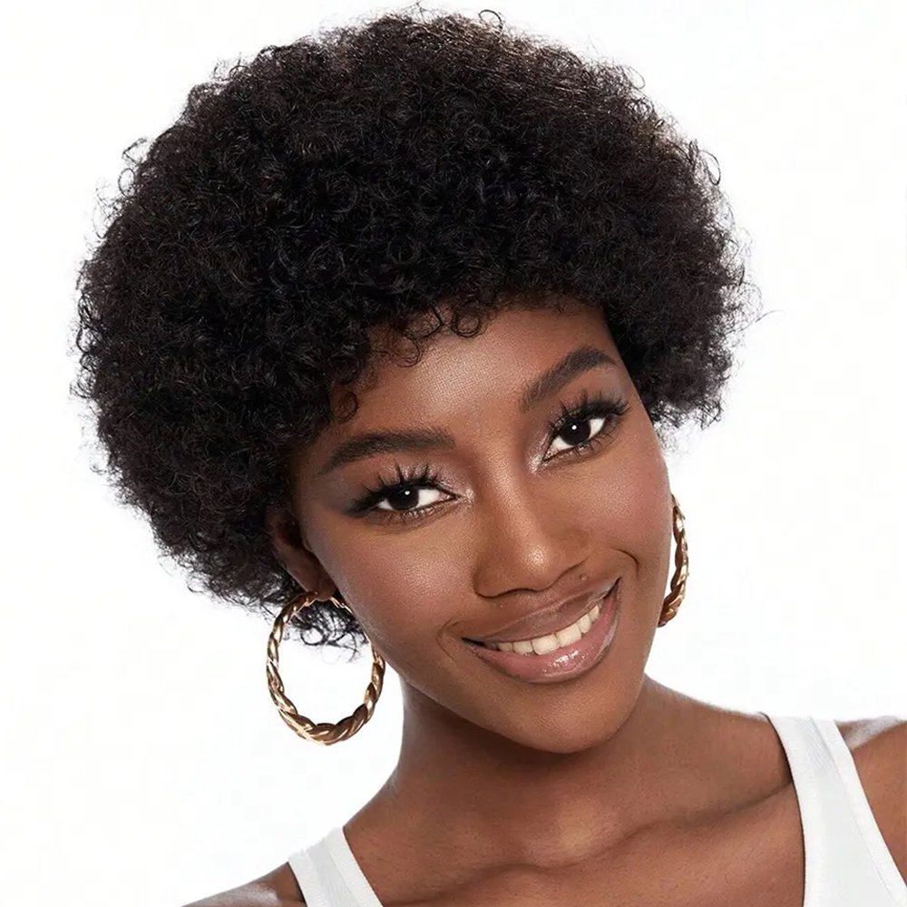 Afro Kinky Curly Pixie ตัด Bangs วิกผมผมมนุษย์สีดําธรรมชาติวิกผมสั้นเต็มรูปแบบทําวิกผมธรรมชาติเปลี่ยนวิกผม