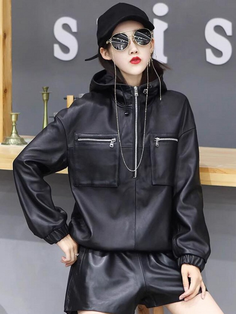 Moda feminina primavera outono solto ajuste pele de carneiro couro genuíno com capuz jaqueta streetwear casual bolsos com zíper pulôver casacos