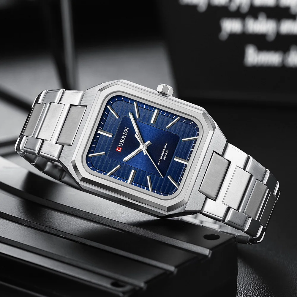 CURREN 8457 Relógio quadrado minimalista com pulseira de aço à prova d'água para casal relógio masculino e feminino com mostrador de barra