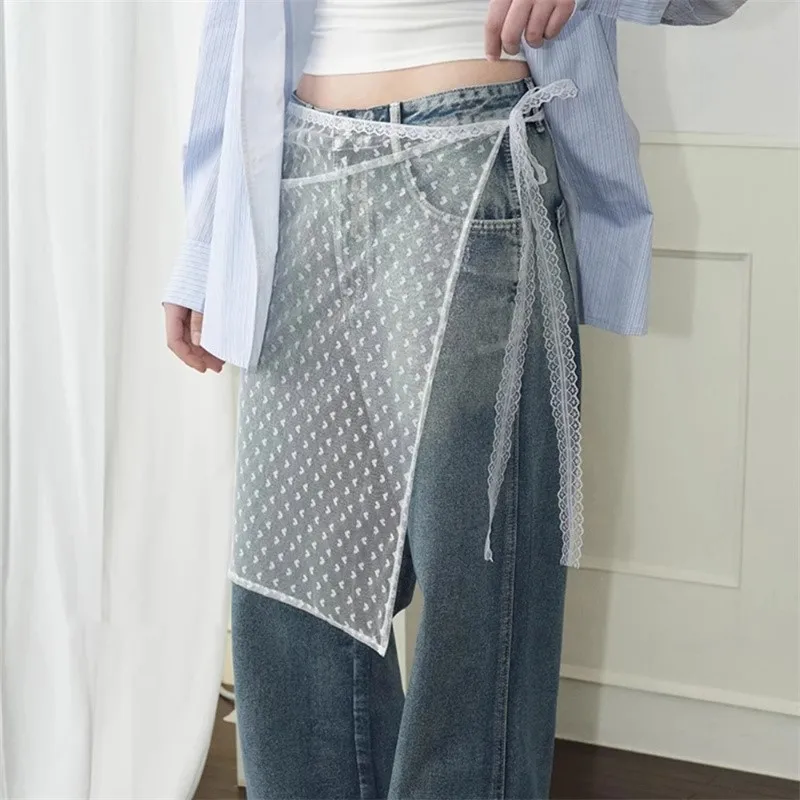 Falda de gasa en capas de encaje de Blogger INS Y2k, delantal de calle, falda envolvente con cordones, pantalones a juego, falda envolvente Y2k apilada para chica picante