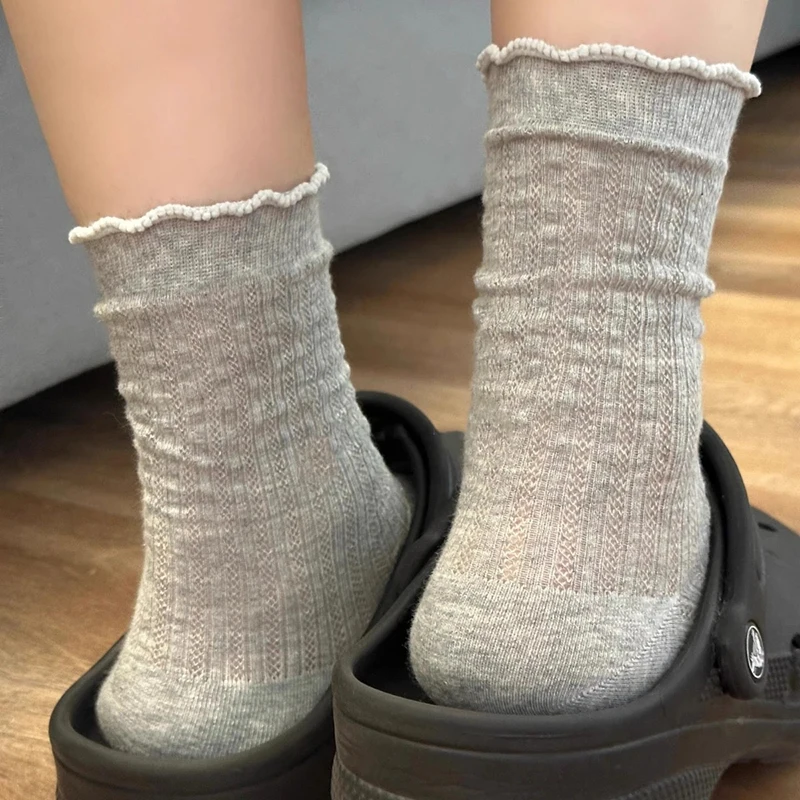 5 pares de calcetines de tubo medio de malla de Color sólido para mujer, calcetines informales ligeros transpirables de moda con borde ondulado estilo Ballet