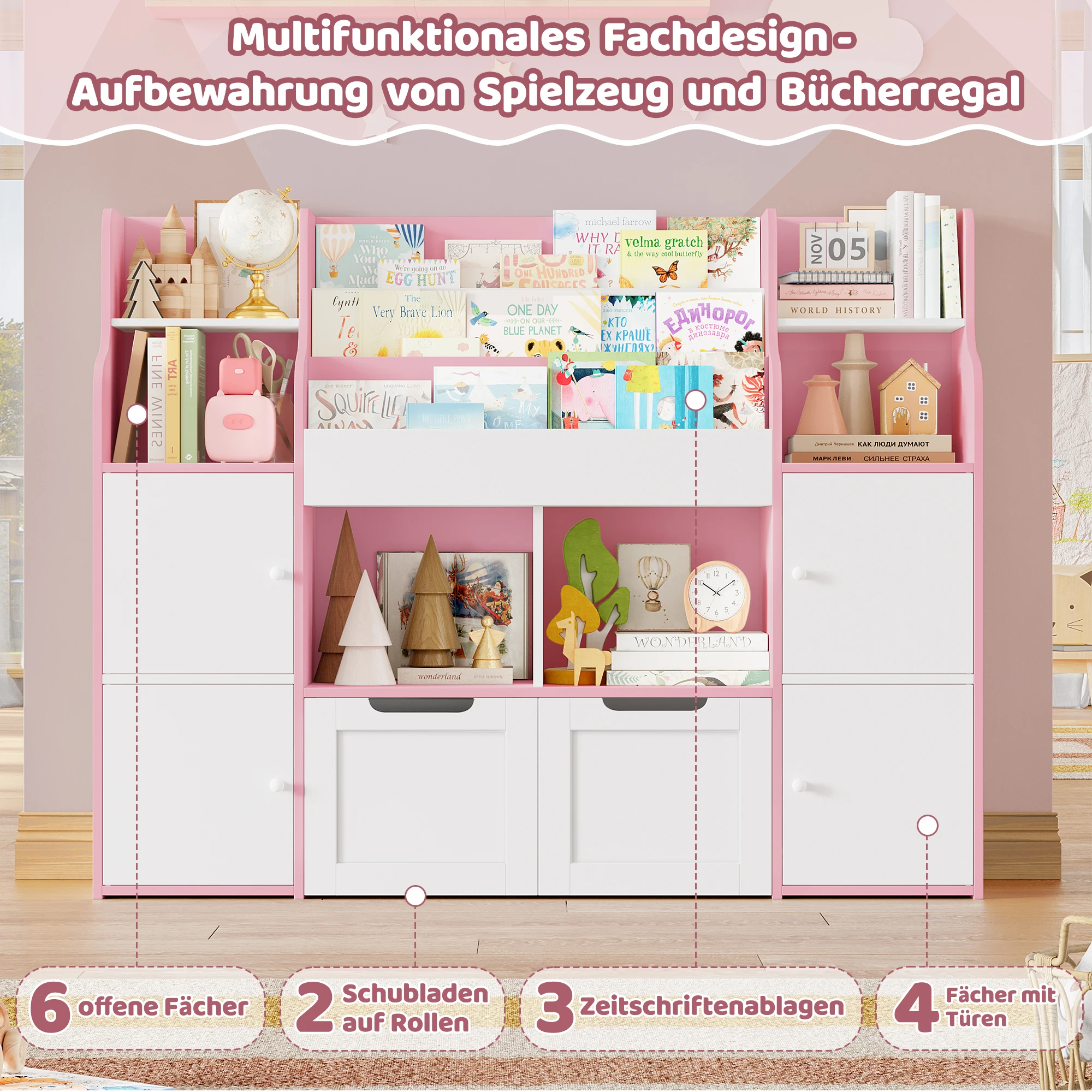Getone Toy Storage , Childrens Bookcase,Unit 3-tier Kids Bookshelf, Kids Storage with 2 Drawers with Wheels, 4 Doors, 6 Open Shelves,multi-functional toy storage unit122x30x100cm