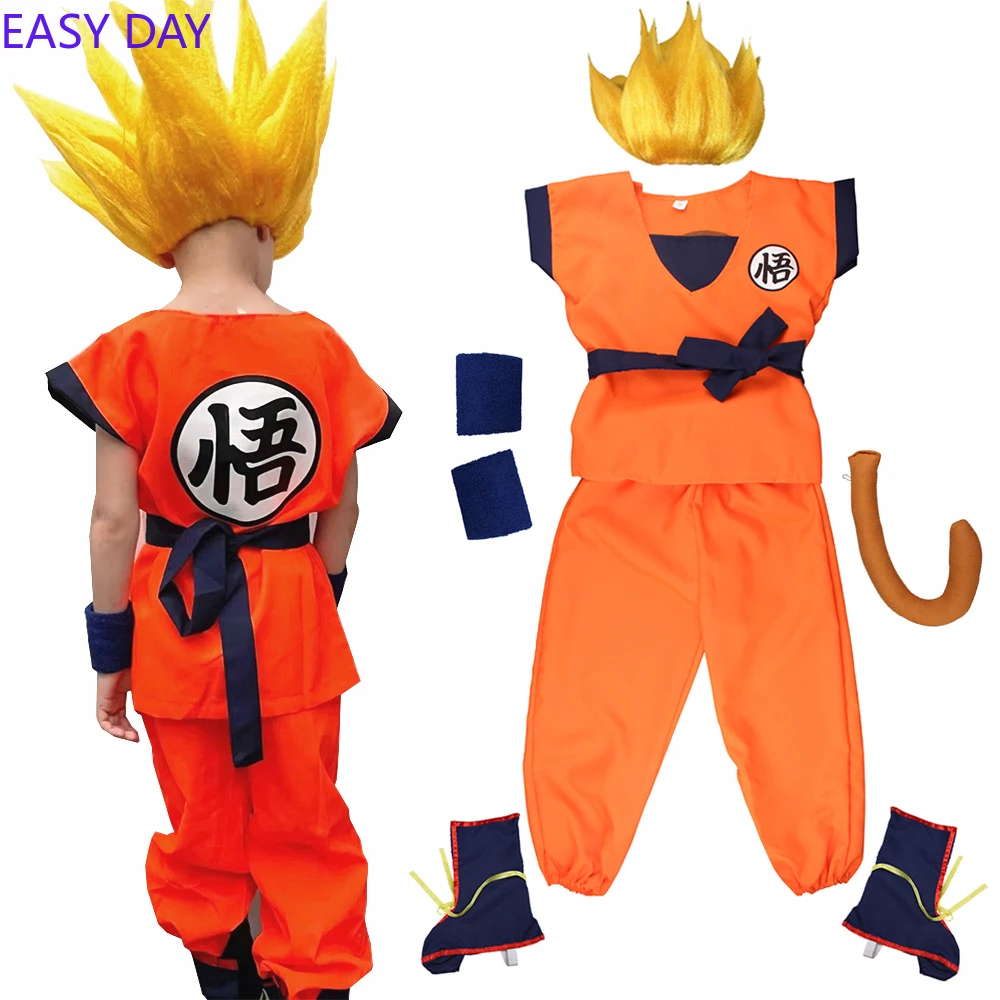 Kinder Anime Son Goku Cosplay Kostüme Krillin Trainingskleidung Superhelden Outfits mit Super Saiyajin Perücke Comic Con Party Kostüm