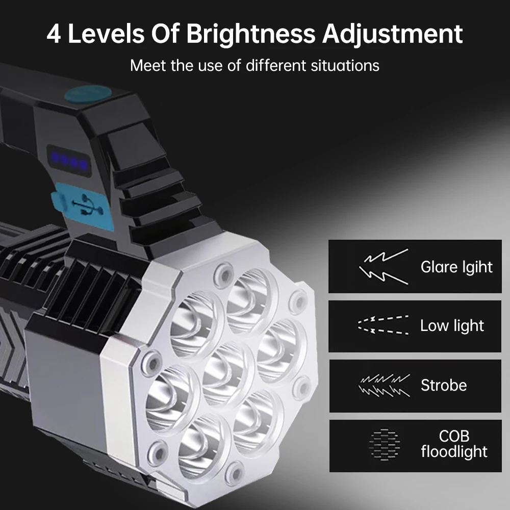 Linterna LED de alta potencia, potente linterna recargable por USB, lámpara portátil de mano para exteriores, batería integrada COB, 7 linternas LED