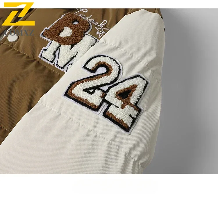 Jaqueta de beisebol de inverno 2024 novo design bordado casaco jovem ao ar livre falso 2 peças esportes masculinos jaqueta de algodão com capuz plus size
