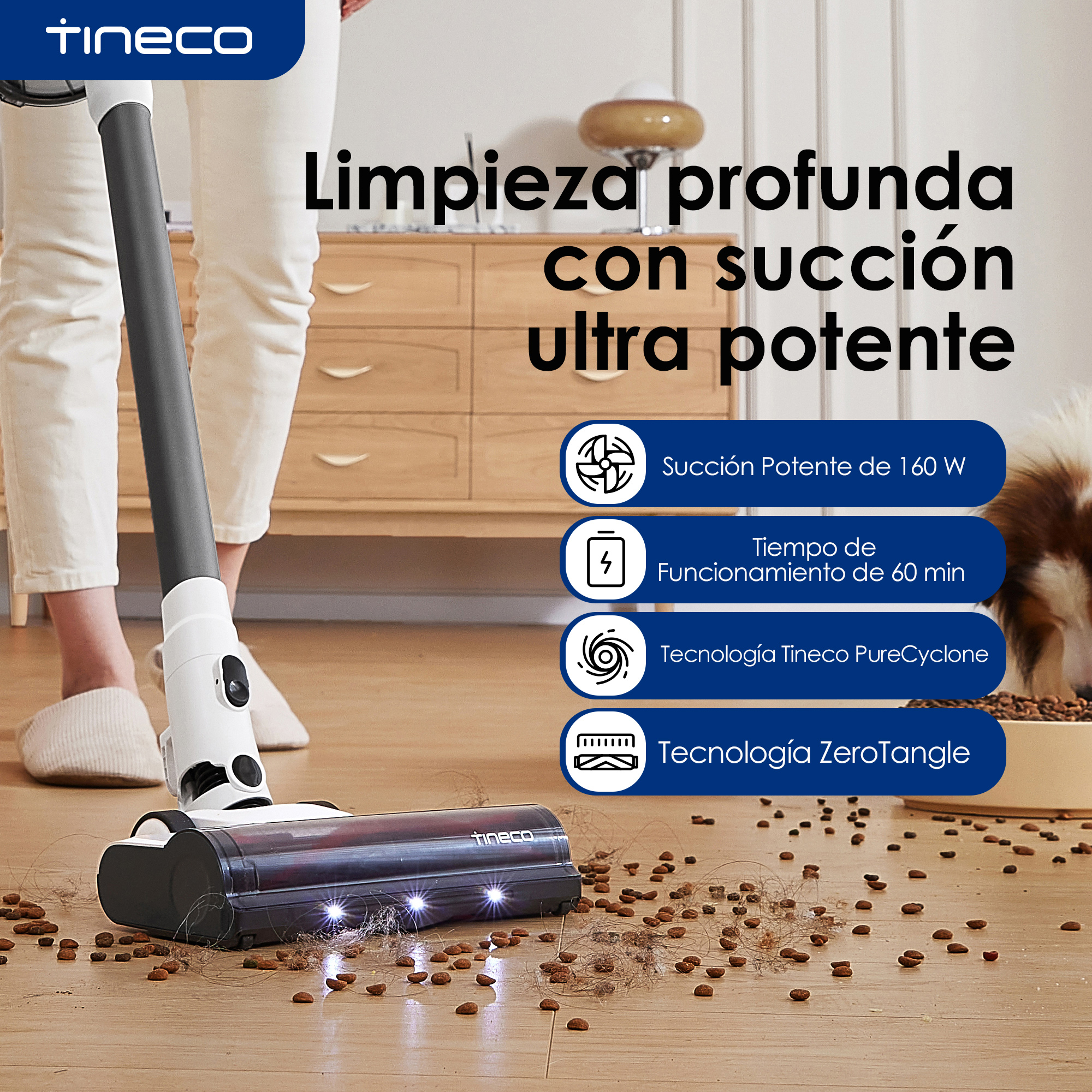 Tineco aspiradora de varilla inalámbrica A30S, tiempo de ejecución de 60 minutos, cubo de basura de 1L, cepillo sin enredos, faro LED PureCycle Tech