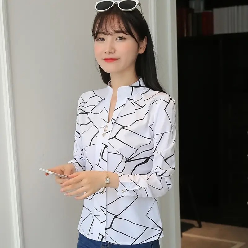女性白トップスブラウスファッションストライププリントカジュアル長袖オフィスレディ OL シャツスリム Blusas DF4970