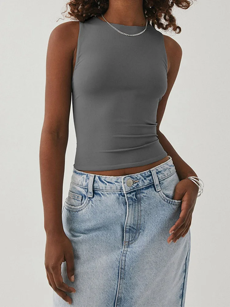 Verão feminino sólido sem mangas colete esportivo sexy e elegante fino ajuste em torno do pescoço colete correndo esportes yoga fitness topo