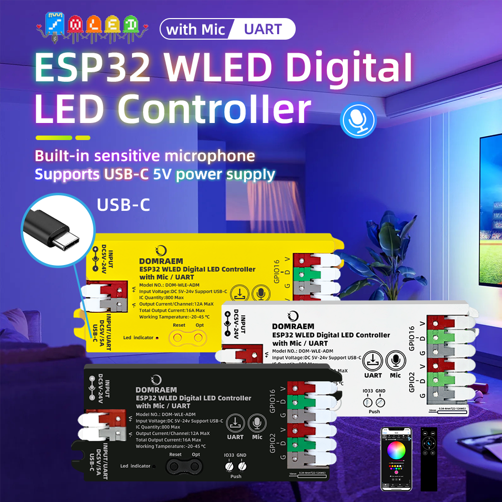 DOMRAEM ESP32 WLED USB-C adressierbarer LED-Controller mit Musikmikrofon/UART, unterstützt WS2814/12B RGB-IC-Streifen usw. 16 A Sicherung HA Alexa