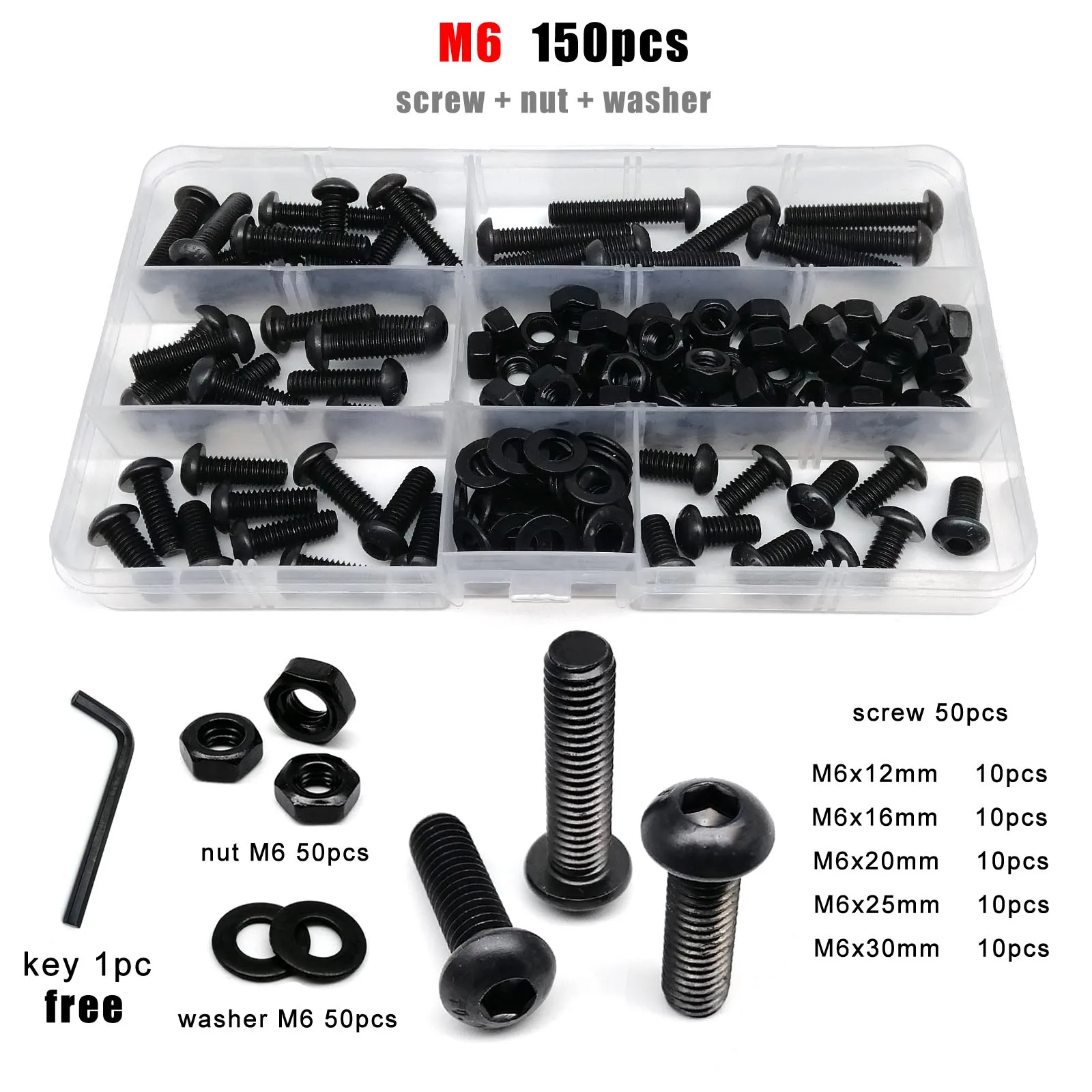 M1.6 M2 M2.5 M3 M4 M5 M6 M8 Black Grade 10.9 Steel Hex Hexagon Socket Allen Button Round Head Screw Bolt Nut Assortment Kit Box