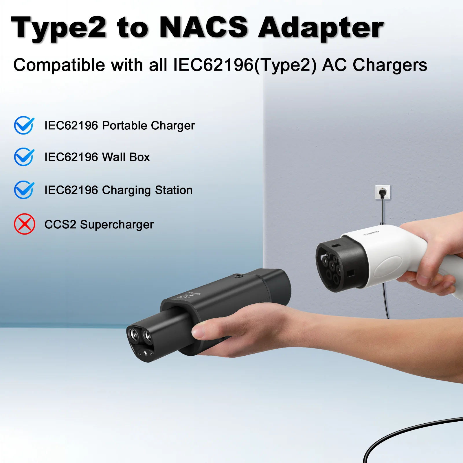 Typ2 für Tesla-Adapter AC 7,2 kW, passend für Typ2 EV-Ladegerät, passend für Tesla Model S/X/3, nicht passend für Tesla-Ladegerät/Typ2-Ladestation