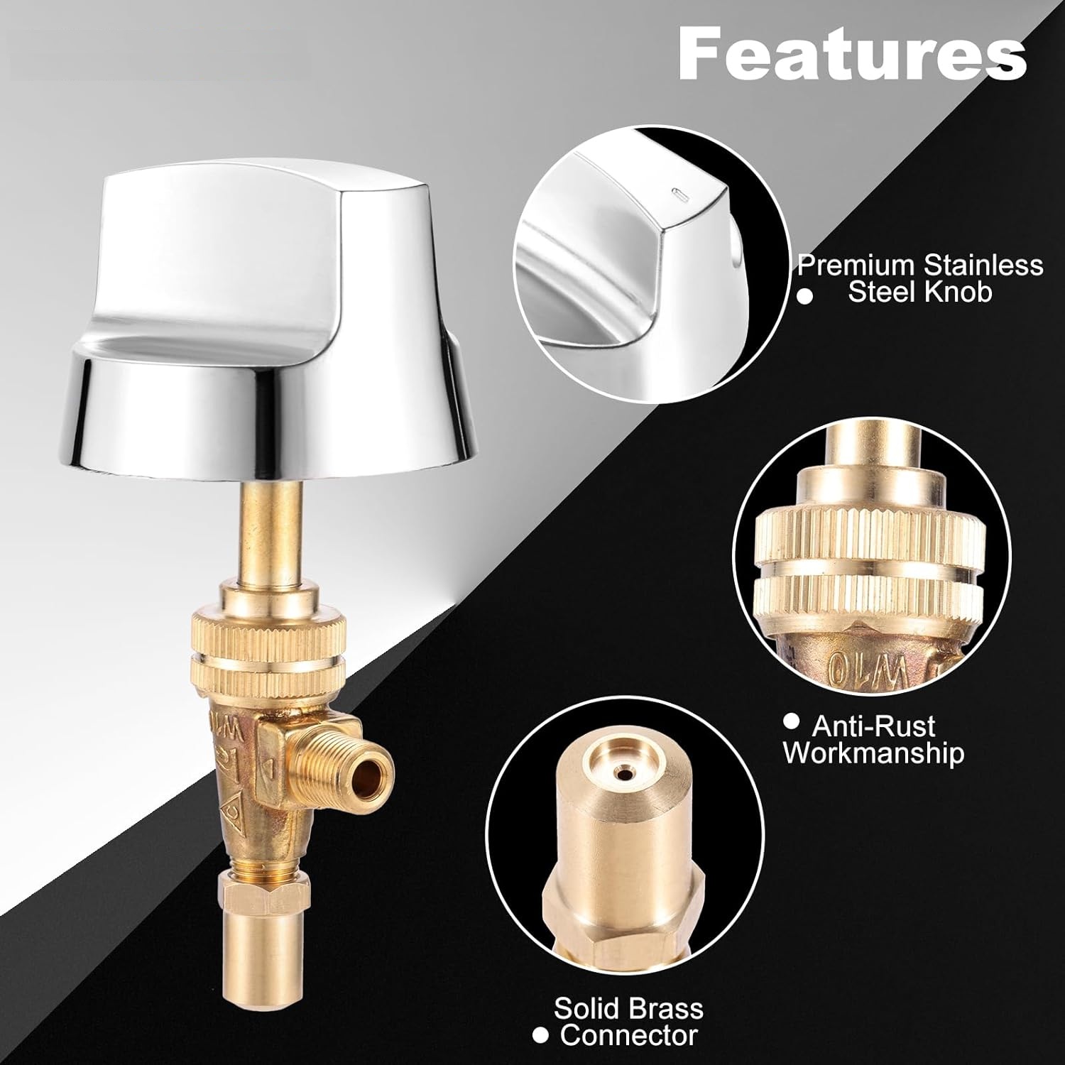 2pcs/1kit Brass Gas Control Valve 0.047" Orfice Nozzle with Chromed Steel Control Knob Stem Length 1.4" for Restaurant Kitchens