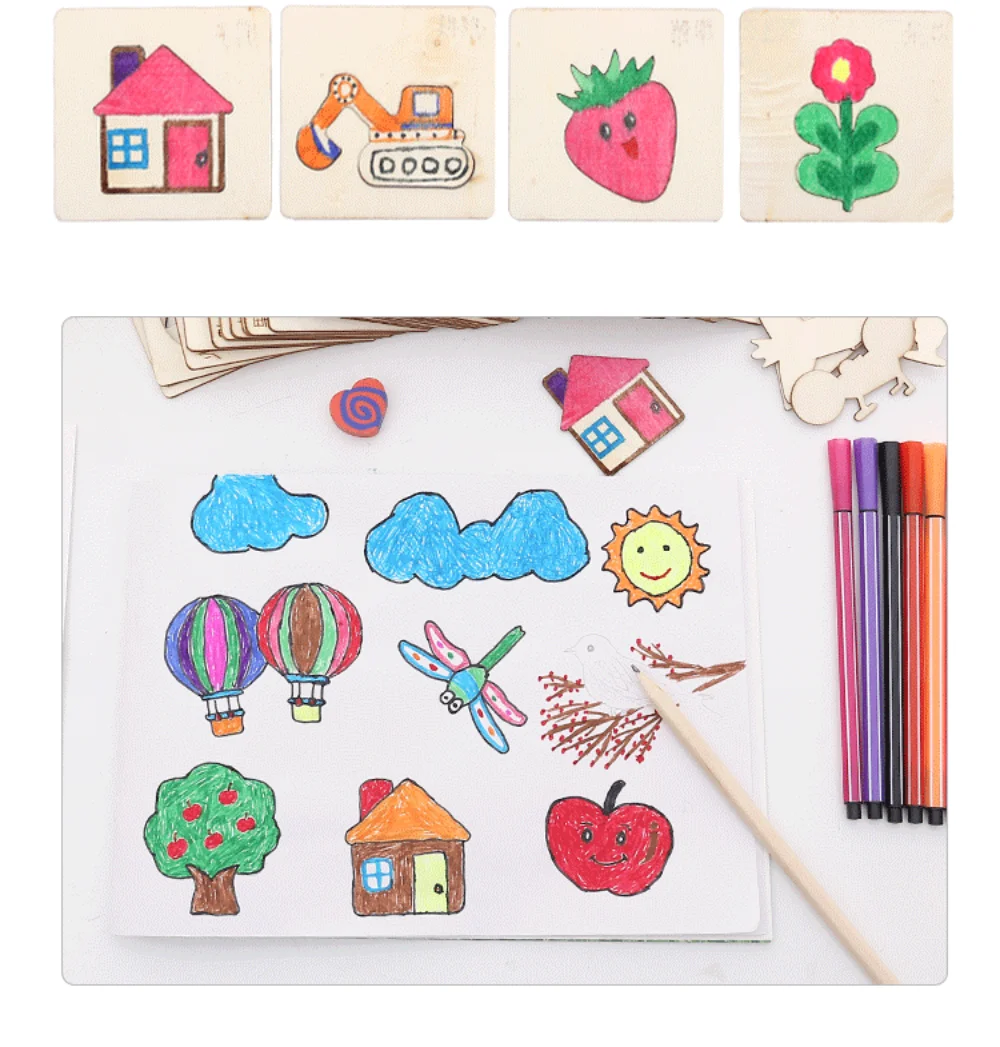 어린이 그리기 장난감 몬테소리 DIY 그림 스텐실 템플릿 나무 공예 퍼즐 소년을위한 교육 장난감 소녀 생일 선물