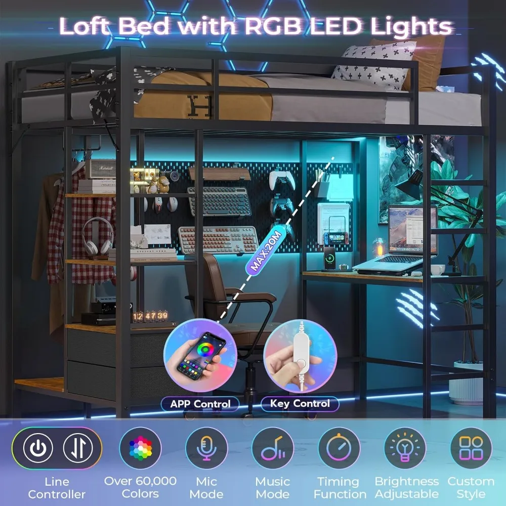 Loft Bed Twin Size with Desk and Charging Station Metal Loft Bed with Led Lights,Storage Shelves and Drawers Twin Bed Frame